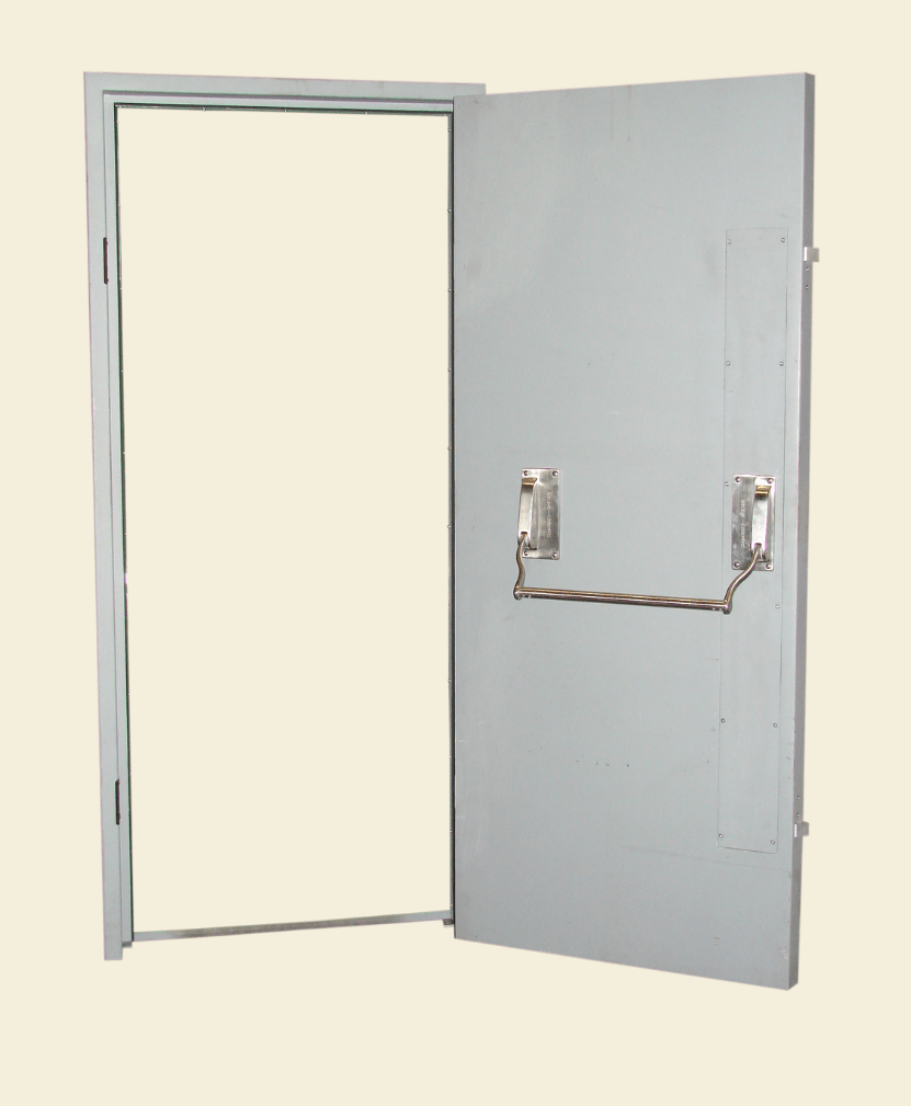 Blast resistant door assembly contains Sonicbar SH-153PC 2-pt. latchset x lever x exit bar x key cylinder and continuous hinge