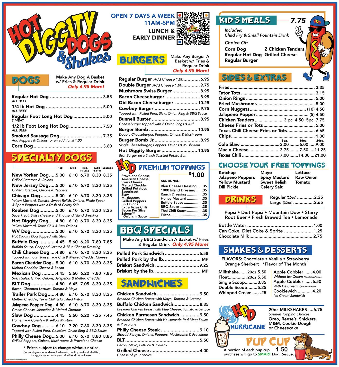 A menu for a hot dog restaurant with a picture of a hot dog on it.