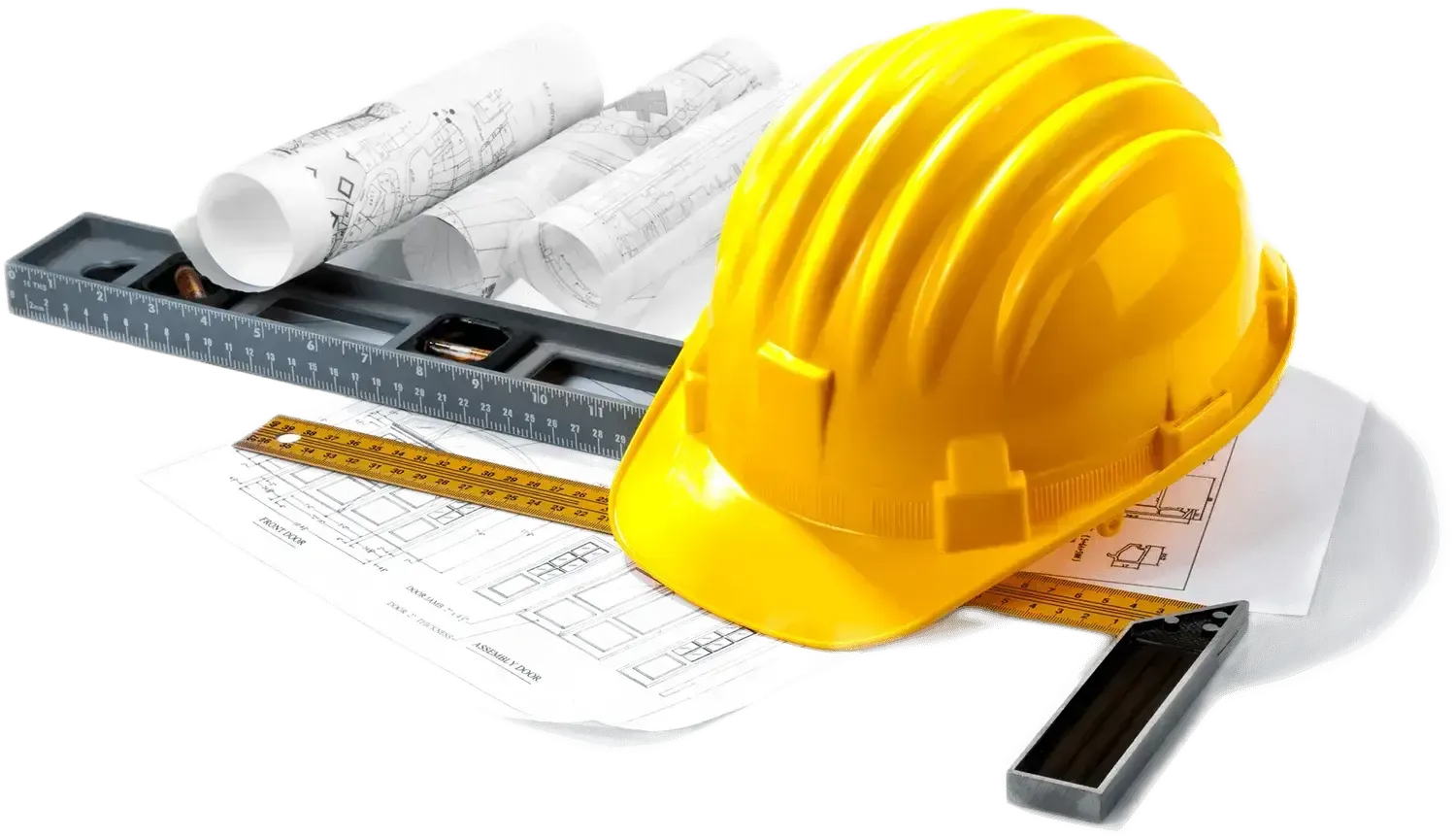 Yellow hard hat on rolled строительные blueprints with ruler and pencil on a white surface
