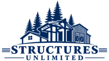 Blue logo of a house and pine trees with the text “Structures Unlimited”