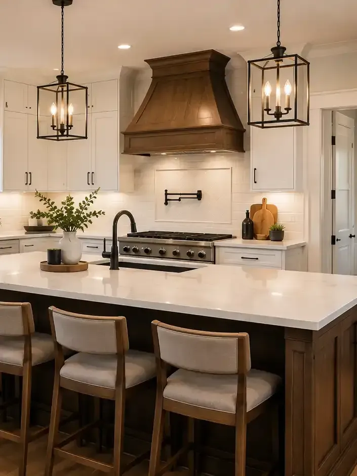 Modern white kitchen with dark wood island, brass pendant lights, and stainless steel range hood