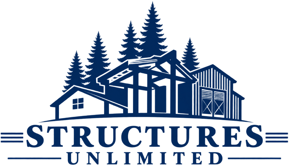 Blue logo reading “Structures Unlimited” with a house, trees, and building outline