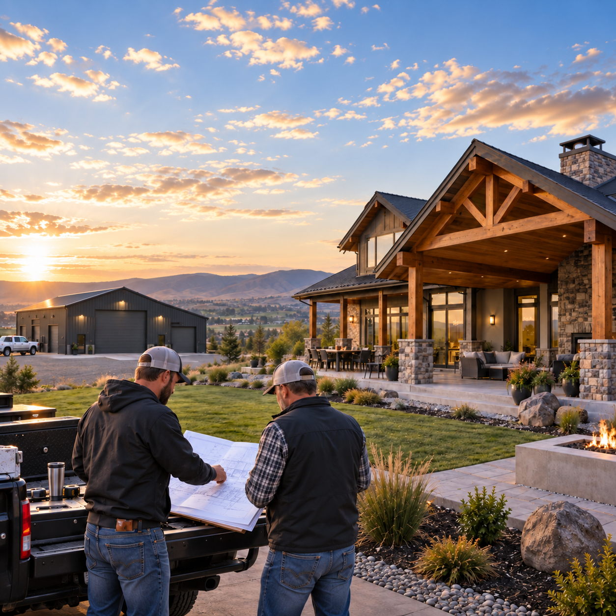 Two workers reviewing plans beside a luxury house at sunset
