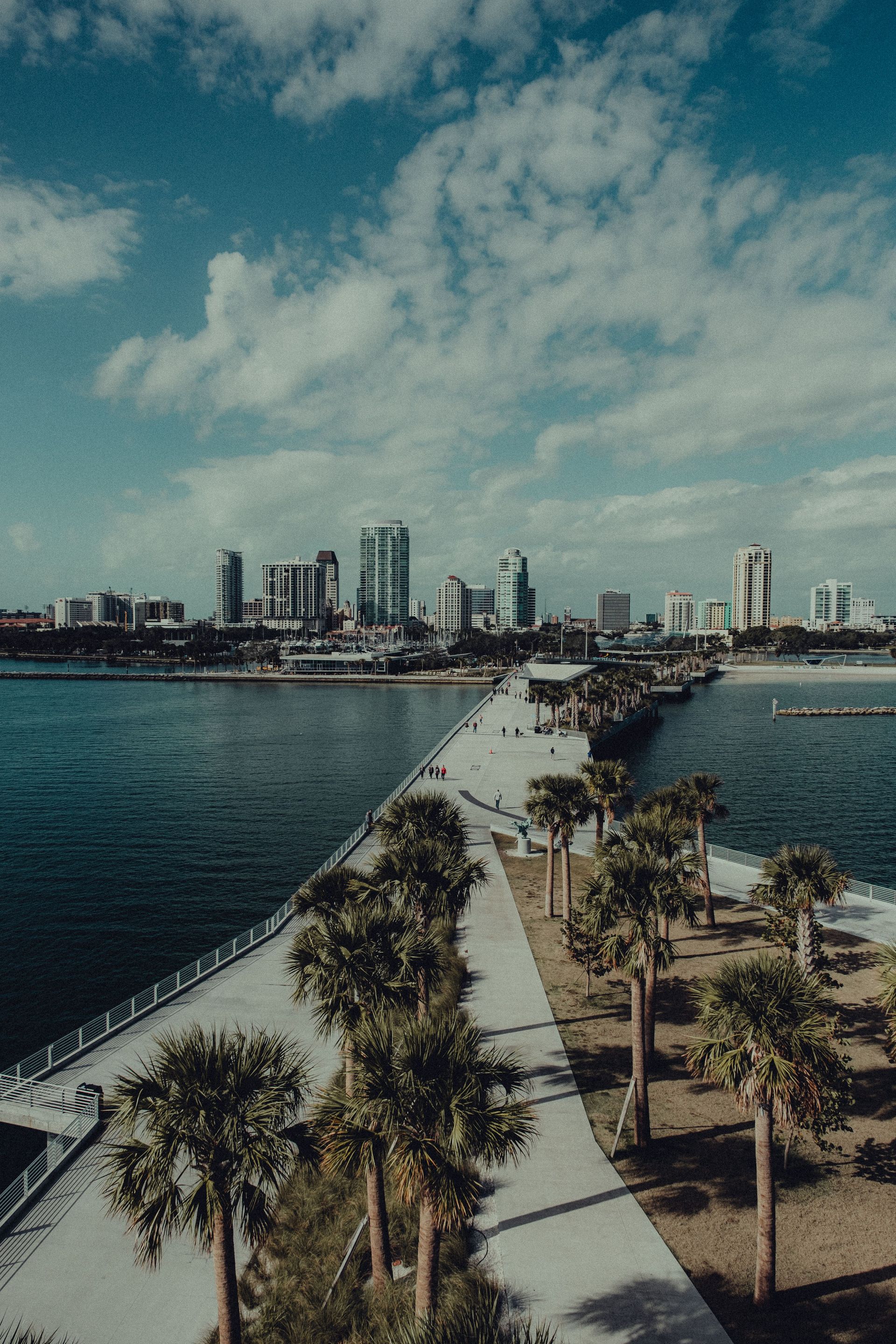 Palm-lined pier leading to a waterfront city skyline under a cloudy sky