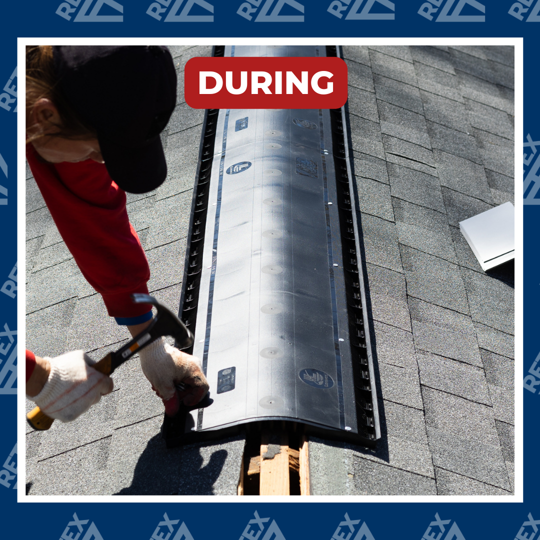A graphic showing a photo of a RETEX crew member installing ridge cap during a roof replacement in North Chesterfield, VA.