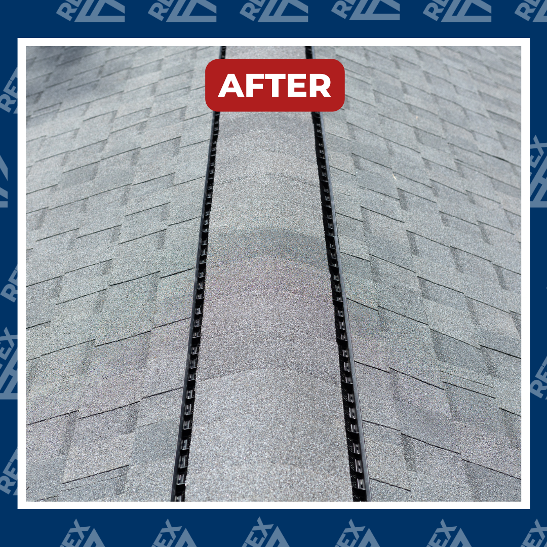 A graphic showing a photo of a RETEX ridge cap installed during a roof replacement in North Chesterfield, VA.