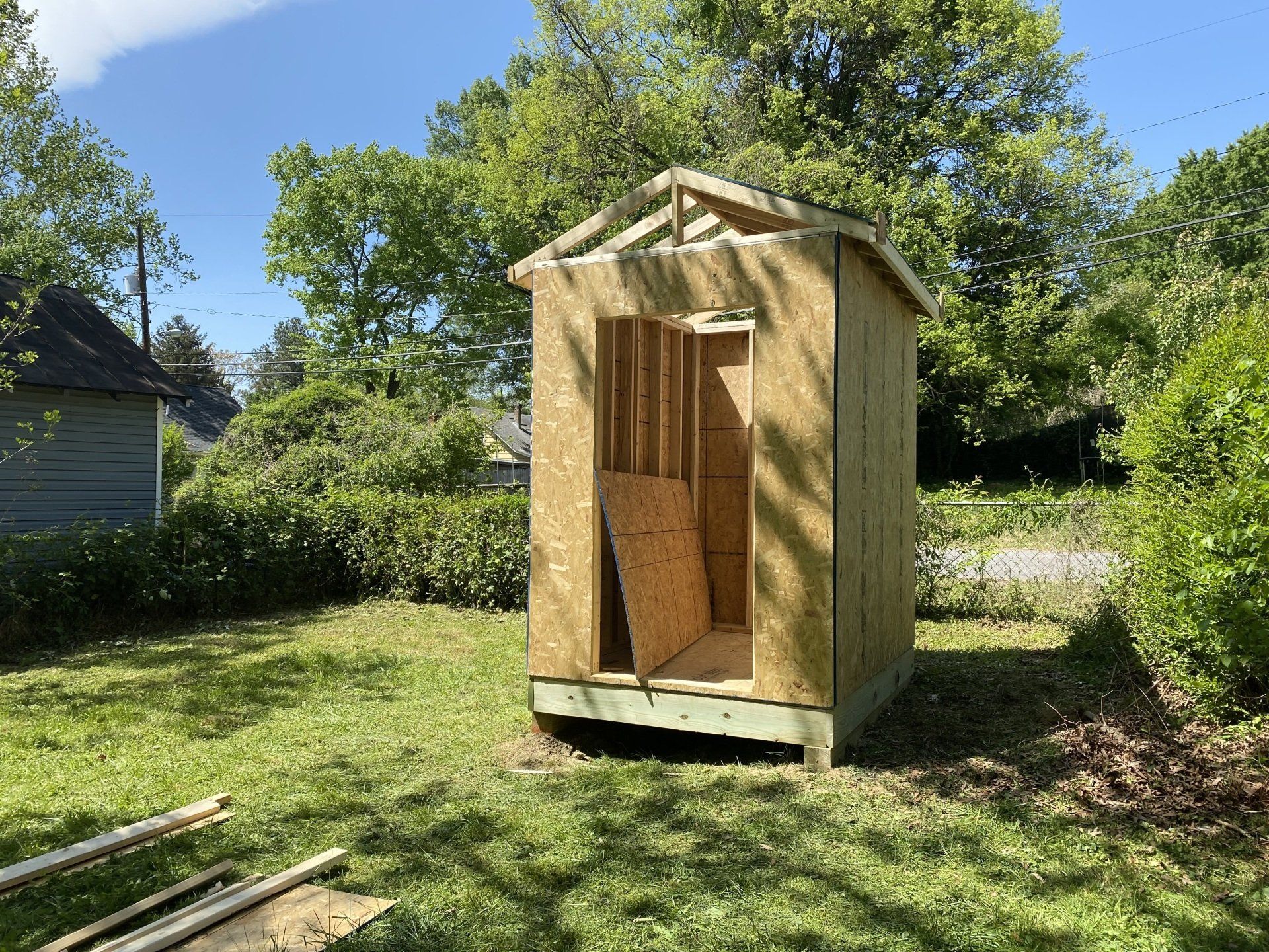 Image of shed RETEX's Mark Erickson, Katelyn Lewis, and Caleb Kammerling helped to build for Richmond Habitat for Humanity.