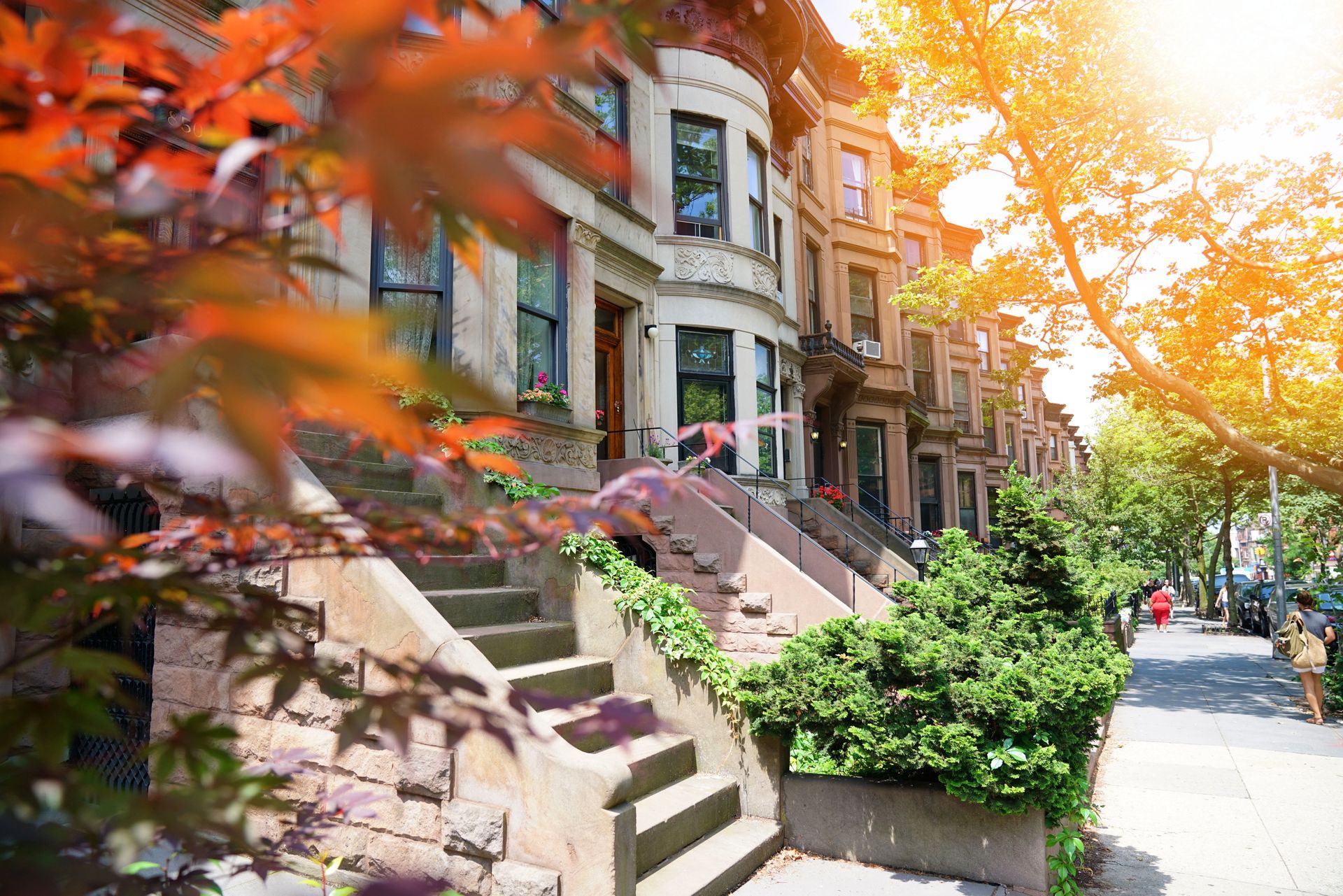 Tree-lined brownstone row houses with autumn leaves and a sunlit sidewalk on a city street
