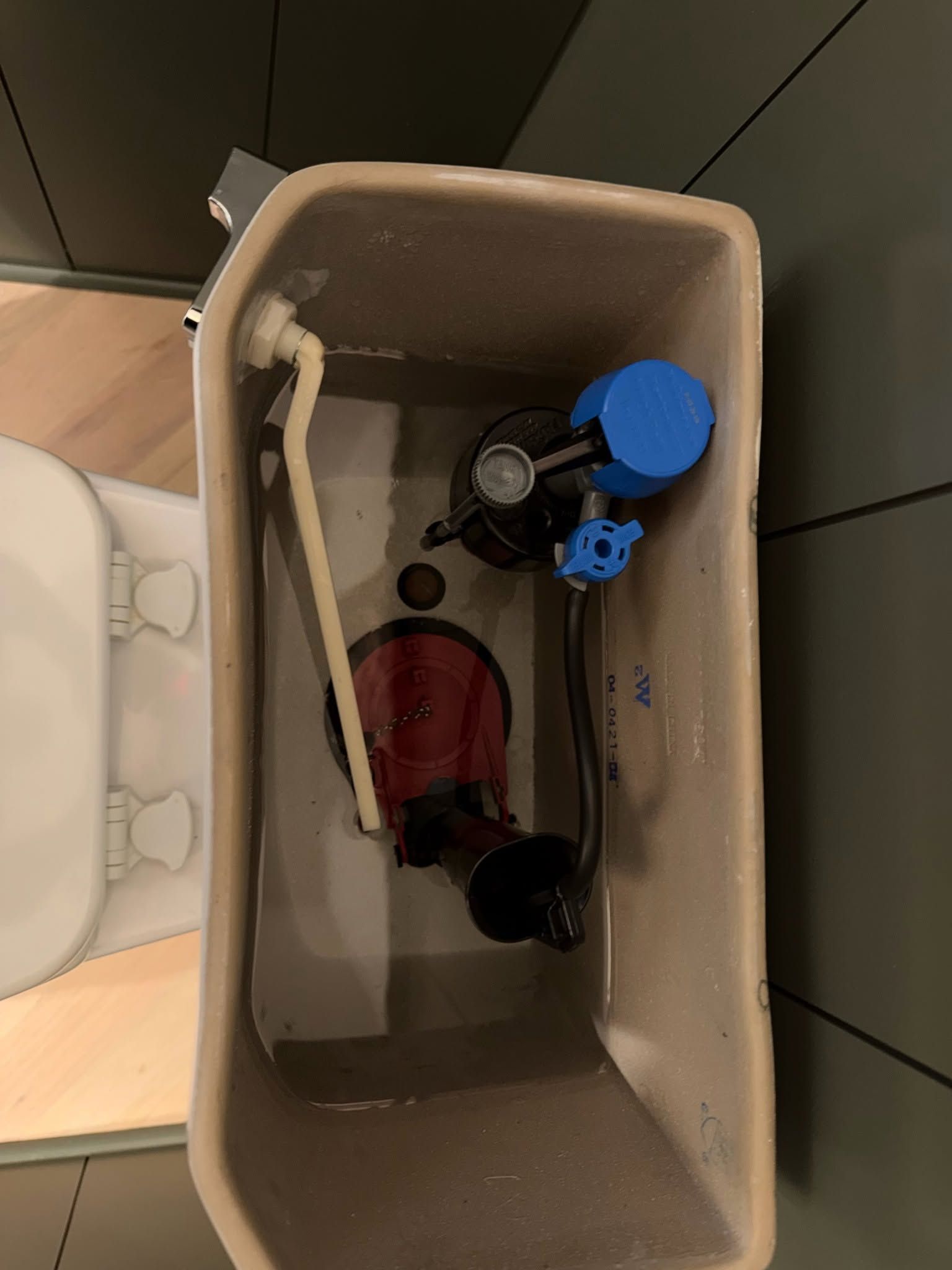 Inside a toilet tank, a red valve assembly and blue flush parts are visible.