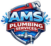 AMS Plumbing Services logo with blue shield, red wrench, pipes, and water splash