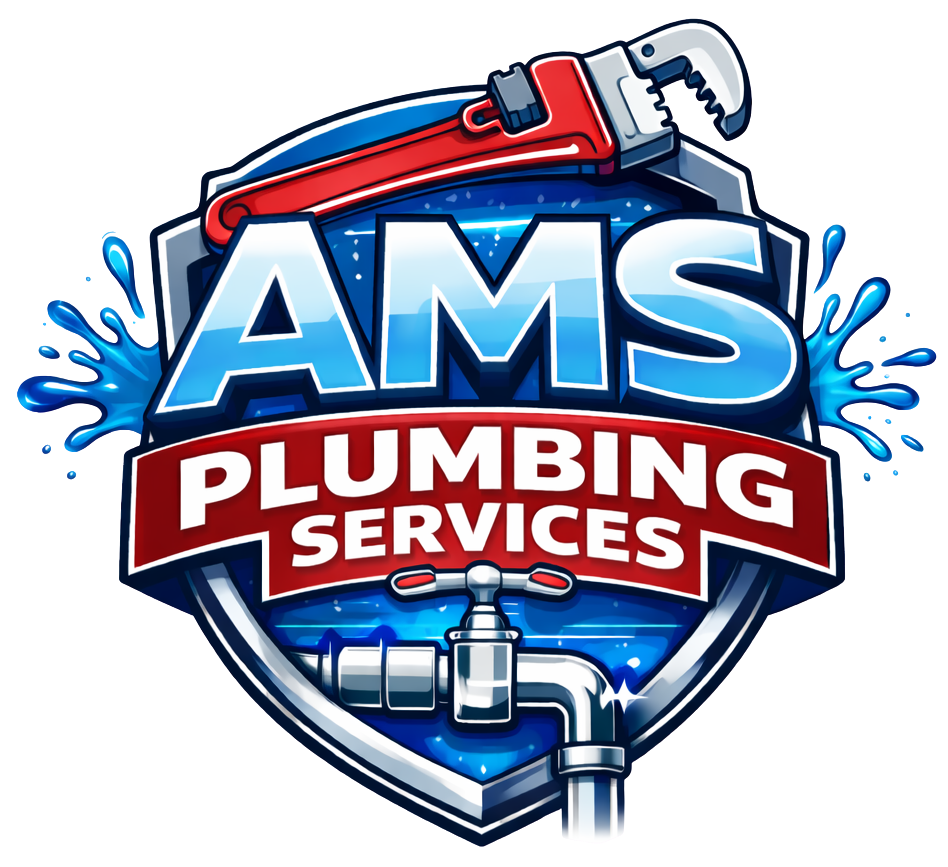 AMS Plumbing Services logo with blue shield, red wrench, pipes, and water splash