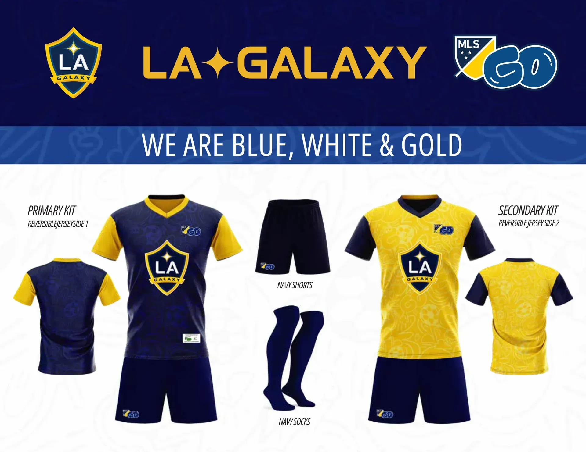 LA Galaxy home and away soccer kits in blue, white, and gold with jerseys, shorts, and socks shown on a blue banner