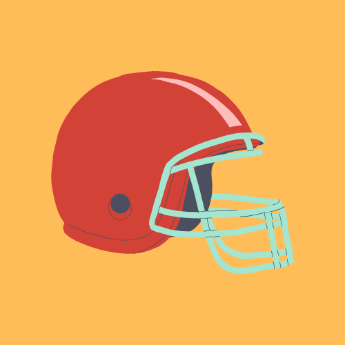 Red football helmet with light blue face mask on an orange background