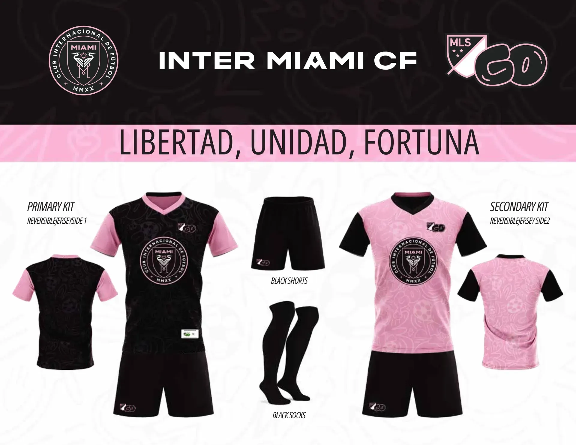 Inter Miami CF kit lineup in pink and black with club logos and “Libertad, Unidad, Fortuna” banner