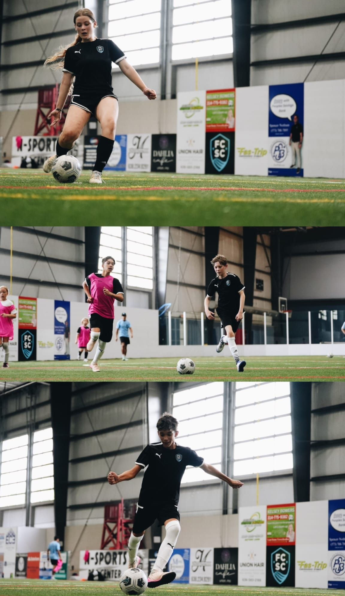 Indoor soccer training with players dribbling a ball on artificial turf inside a sports facility
