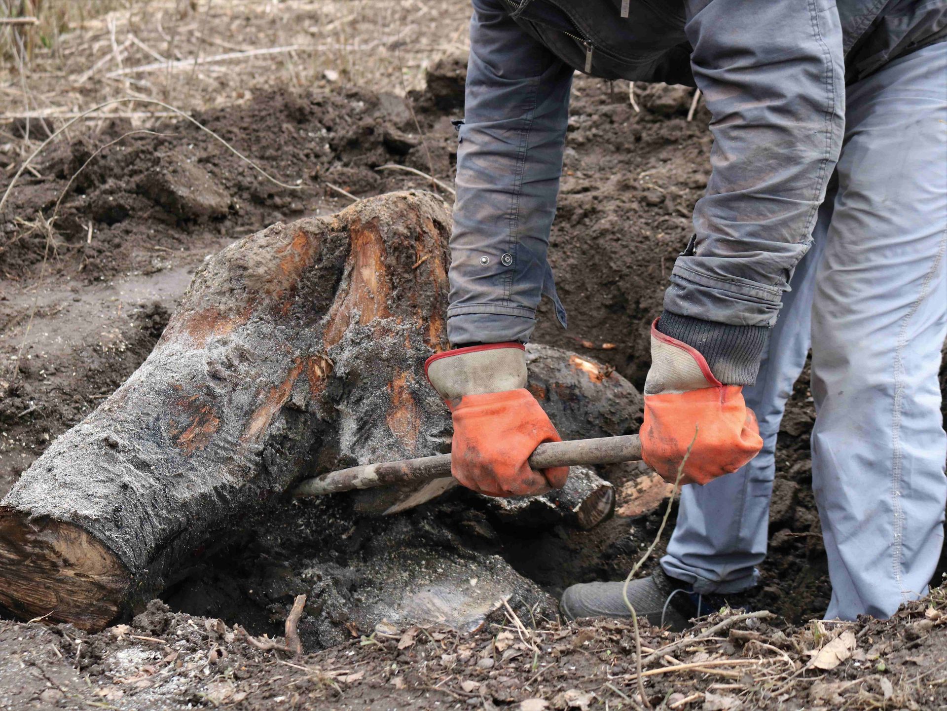 a man wearing orange gloves is digging a hole in the ground