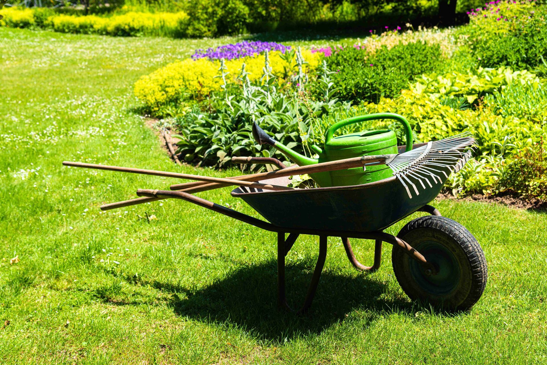 a wheelbarrow filled with gardening tools is sitting on a lush green lawn