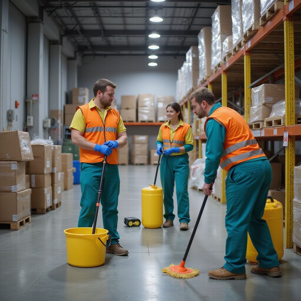 Warehouse workers in safety vests cleaning floors with mops and buckets. Shelves with boxes visible.