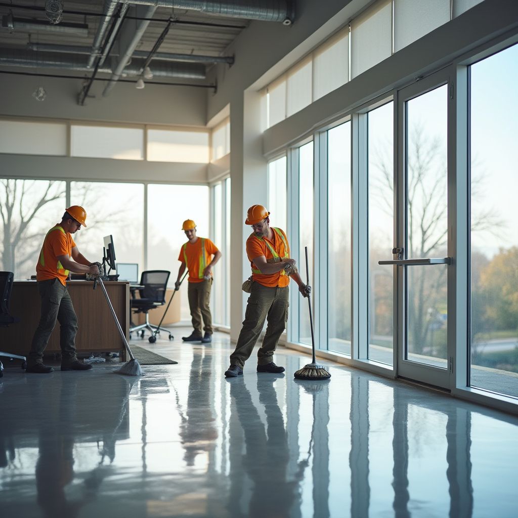 Three workers in orange shirts and hard hats cleaning a bright, modern office with large windows.