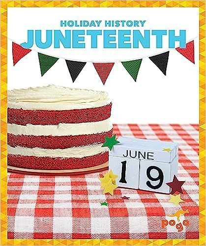 Book cover: Red velvet cake, Juneteenth date, bunting, on a checkered tablecloth.