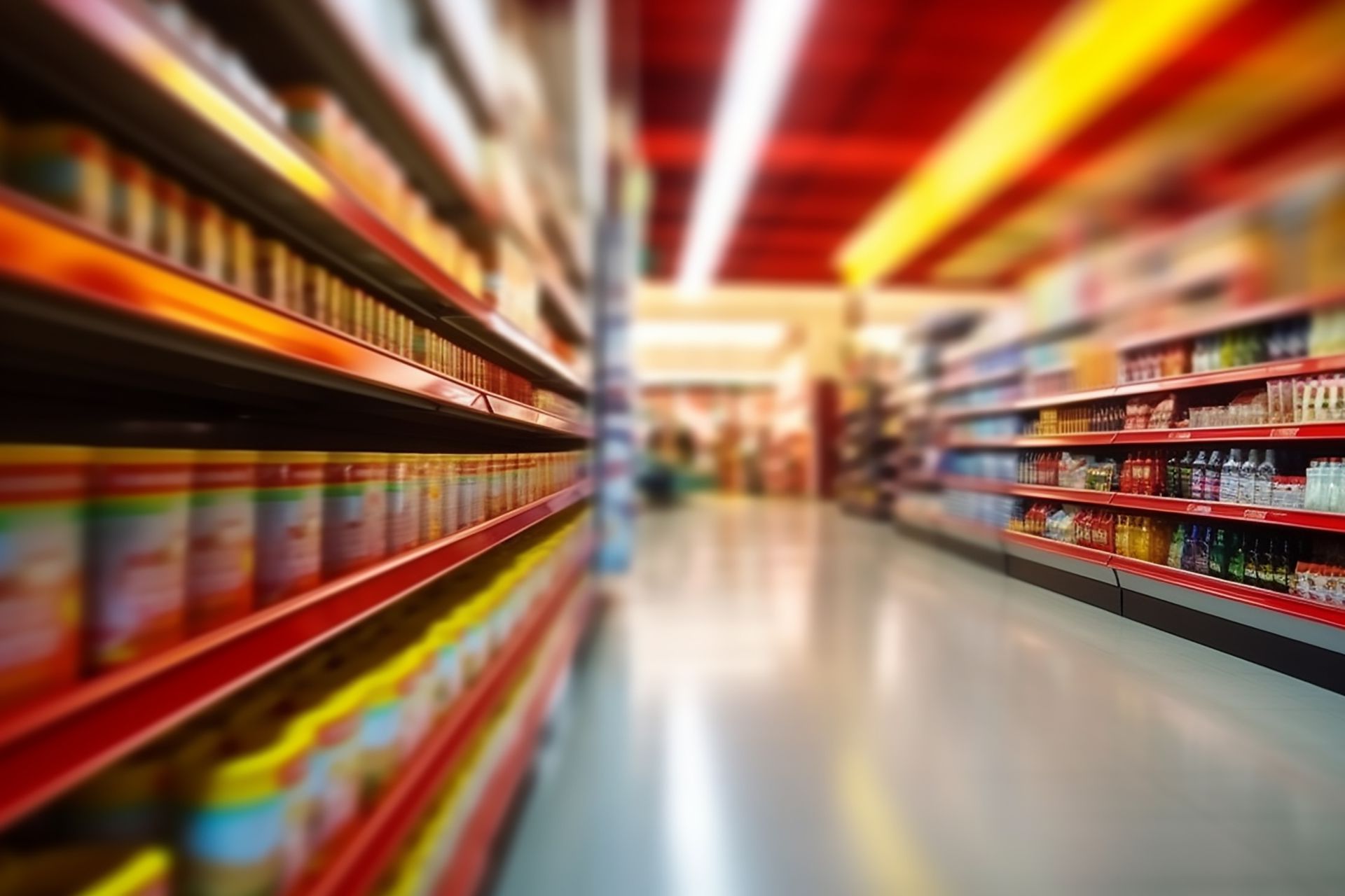 A blurred image of a grocery store aisle filled with lots of products.