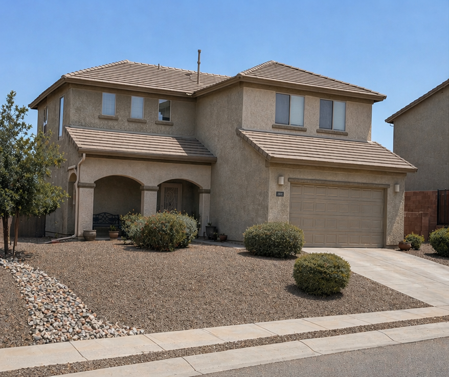 Two-story beige stucco house with a tan roof, garage, and desert landscaping by the street