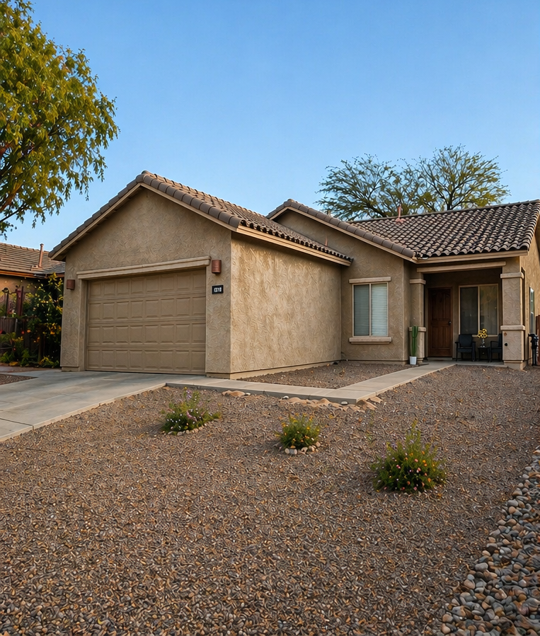 Single-story tan stucco house with a two-car garage, desert gravel yard, and blue sky