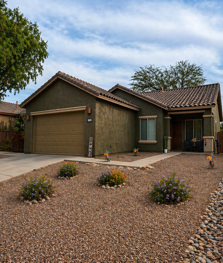 Single-story house with a two-car garage and gravel front yard under a partly cloudy sky
