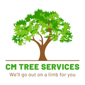 Logo for CM Tree Services: A brown tree with green leaves above green text that reads, "CM TREE SERVICES".