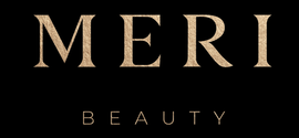 Meri Beauty-Logo mit goldener Serifenschrift auf schwarzem Hintergrund