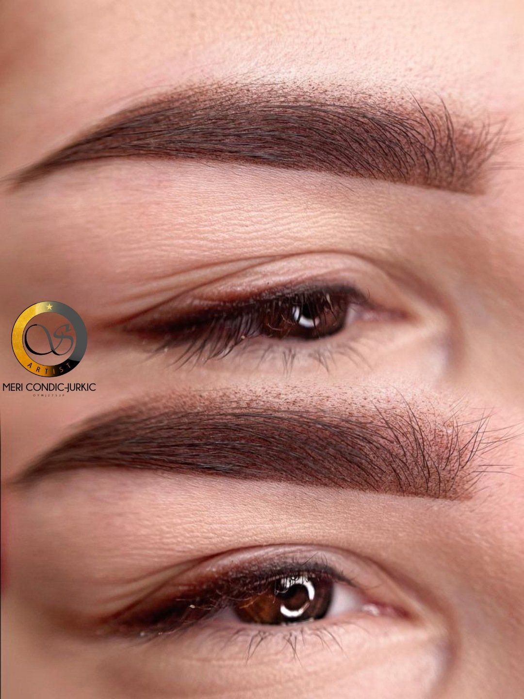 Vorher-Nachher-Nahaufnahme eines Auges mit geformter Augenbraue, die einen geschminkten und einen natürlichen Look zeigt.