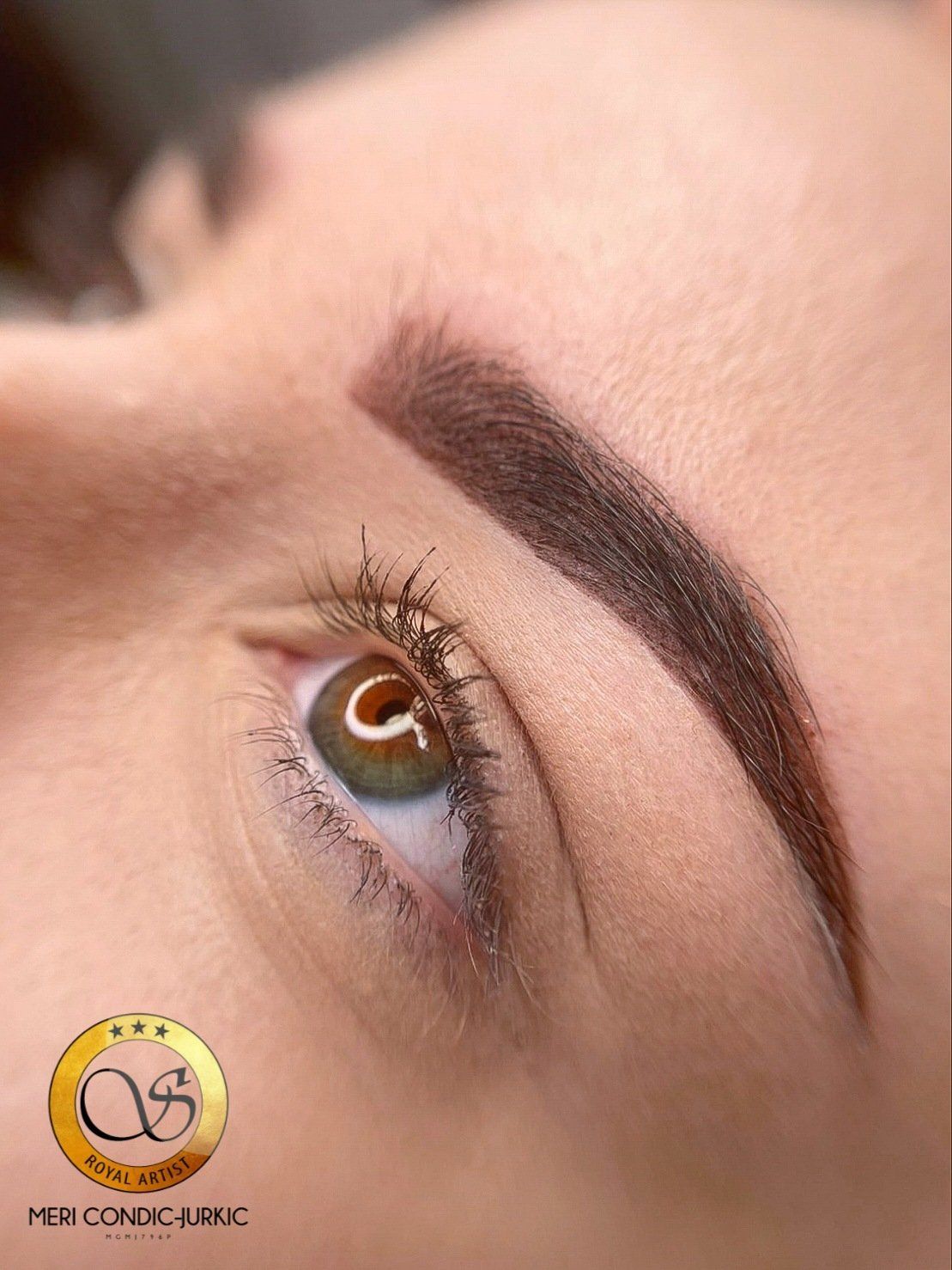 Nahaufnahme eines braunen Auges mit definierten Augenbrauen und natürlichem Make-up auf hellem Hautton.
