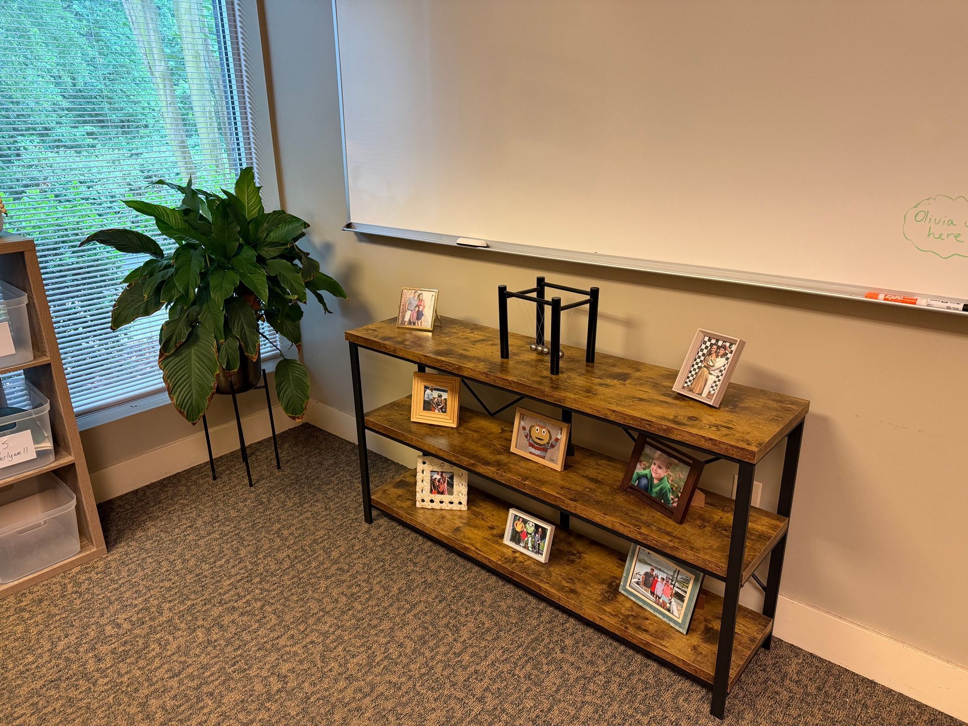 Small office corner with a plant, bookshelf of cards, and whiteboard on the wall.