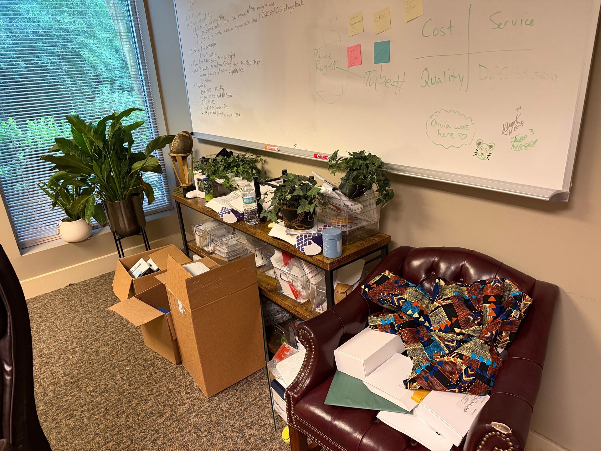 Office corner with plants, cardboard boxes, a whiteboard, and a chair piled with colorful blankets and papers