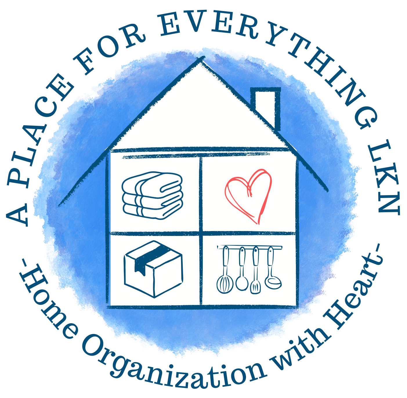 Logo for &ldquo;A Place for Everything IKN&rdquo; with a blue house, storage icons, and &ldquo;Home Organization with Heart&rdquo; text