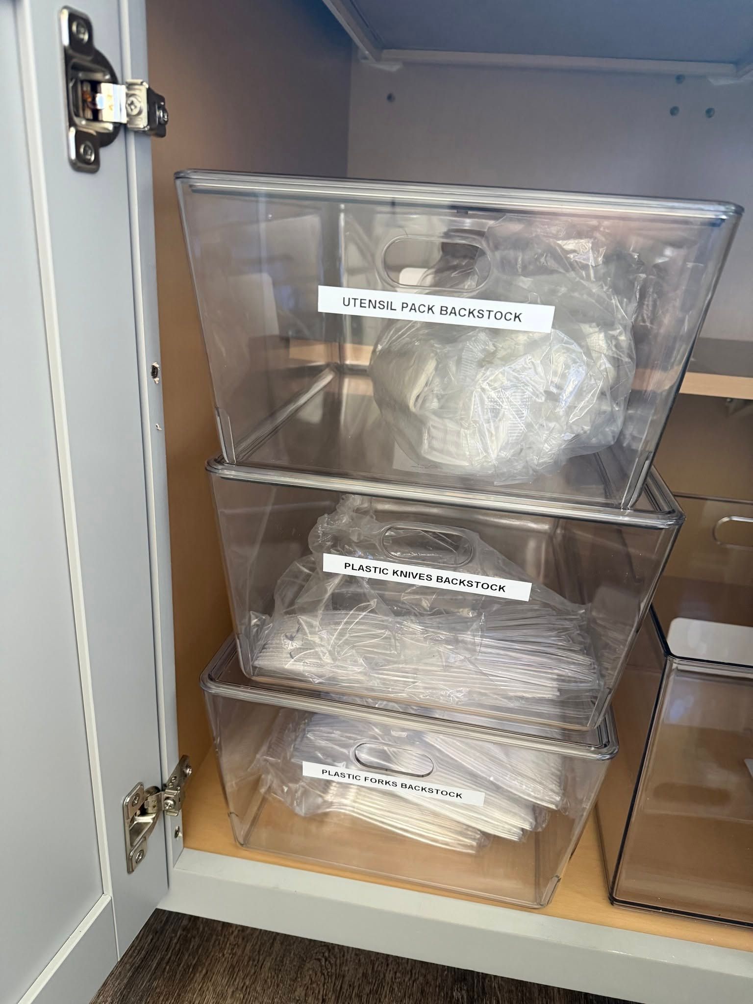 Clear plastic bins on a shelf inside an open cabinet, containing wrapped items and labels.