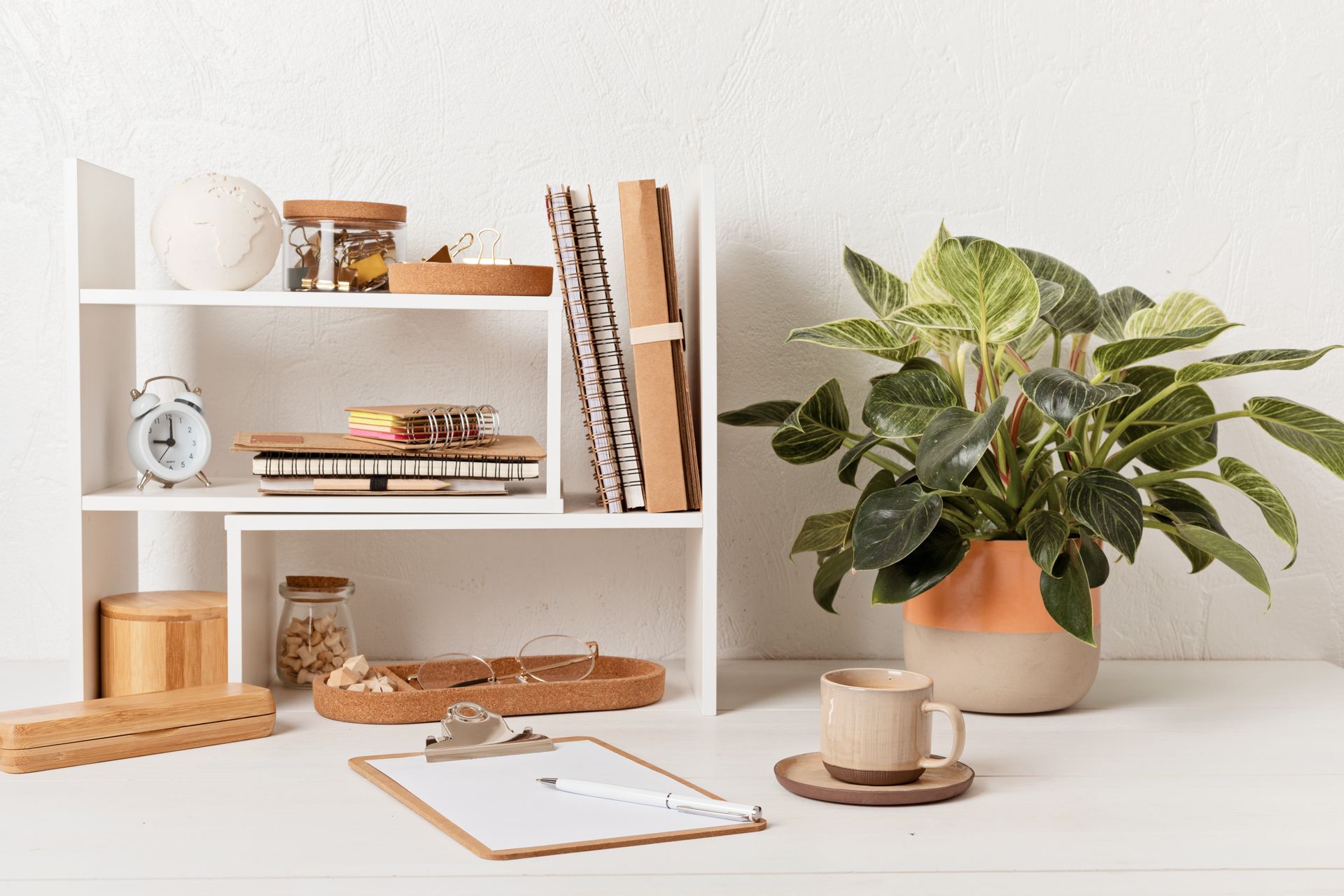 Minimalist desk with white shelves, books, plants, coffee cup, and open notebook in a bright room