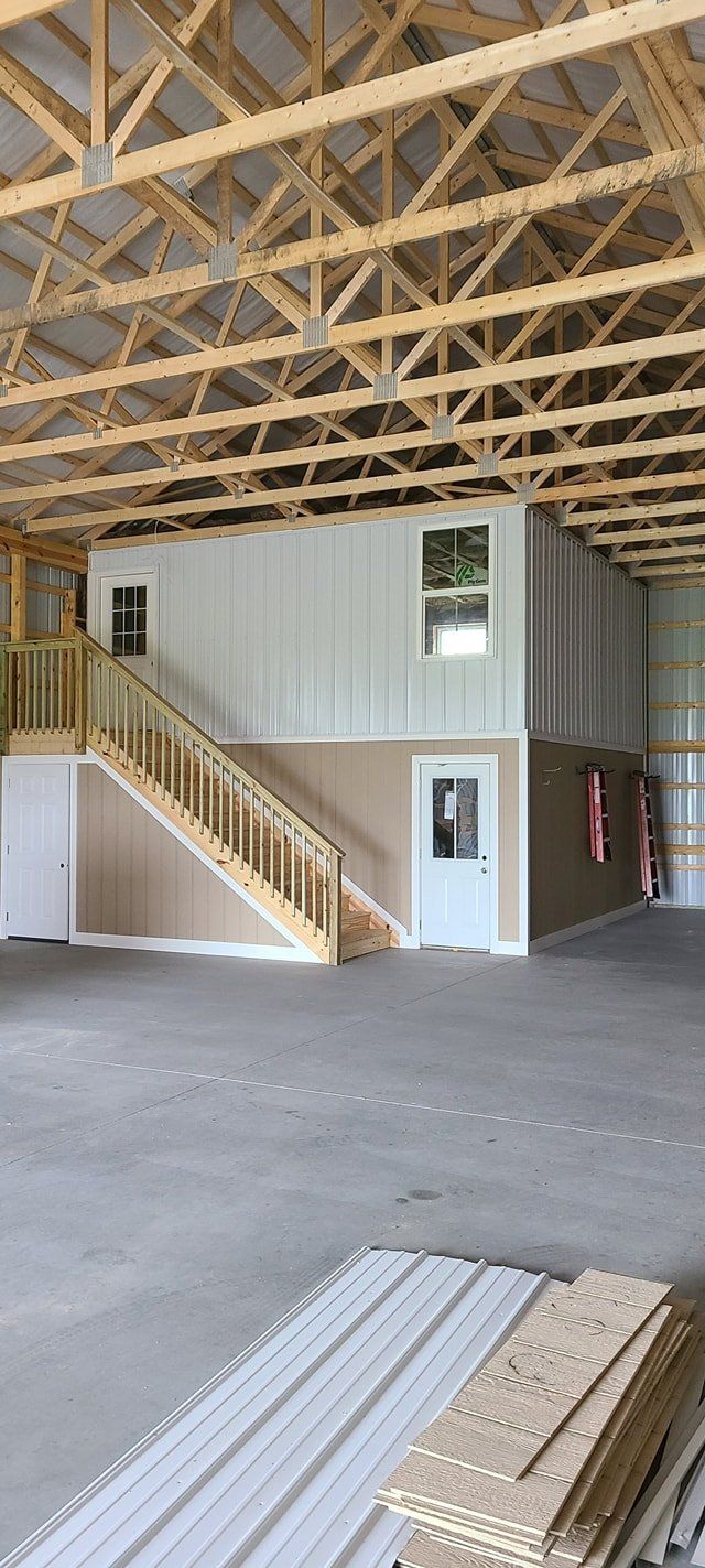 There is a staircase in the middle of the building.