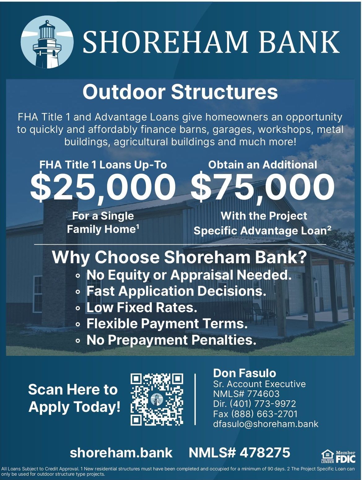 An advertisement for shoreham bank outdoor structures