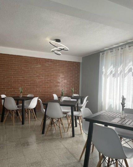 Comedor moderno con pared de ladrillo visto, sillas grises y luz natural filtrada por cortinas transparentes.