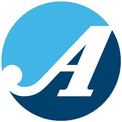 Blue circular logo with a white swoosh and stylized letter A on a dark blue lower half