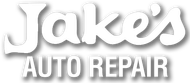 The logo for jake 's auto repair is white and has a shadow.