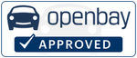 A blue and white sign that says openbay approved with a car and a check mark.