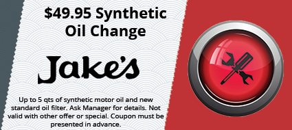 A coupon for $ 49.95 synthetic oil change at jake 's