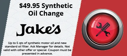 A coupon for $ 49.95 synthetic oil change at jake 's
