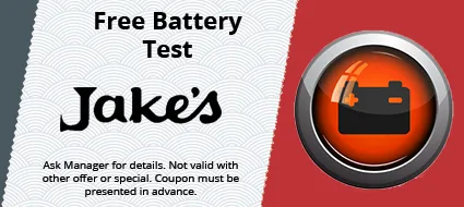 Free battery test ad for Jake’s, with orange battery icon on a gray and red background