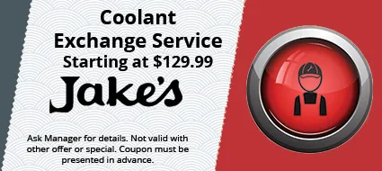 Coolant exchange service ad for Jake’s, starting at $129.99, with red wrench icon and small print disclaimer