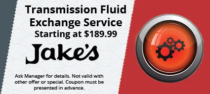 Transmission fluid exchange service coupon starting at $189.99 for Jake's. Features an orange button with gears.