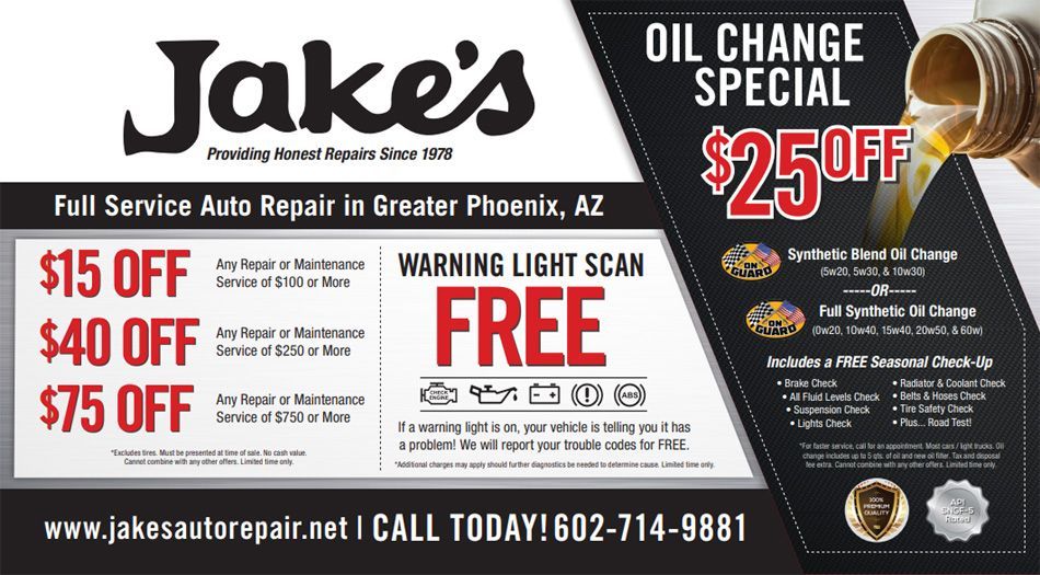 An advertisement for jake 's full service auto repair in greater phoenix , az