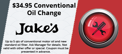 A coupon for $ 34.95 conventional oil change at jake 's